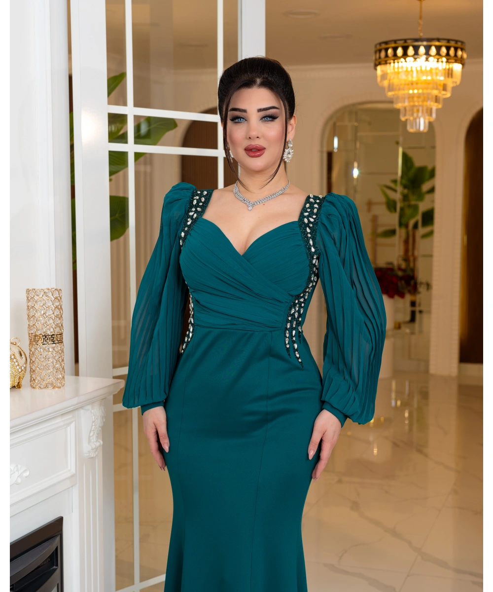 Taş Detaylı Şifon Kollu Balık Form Uzun Abiye Elbise