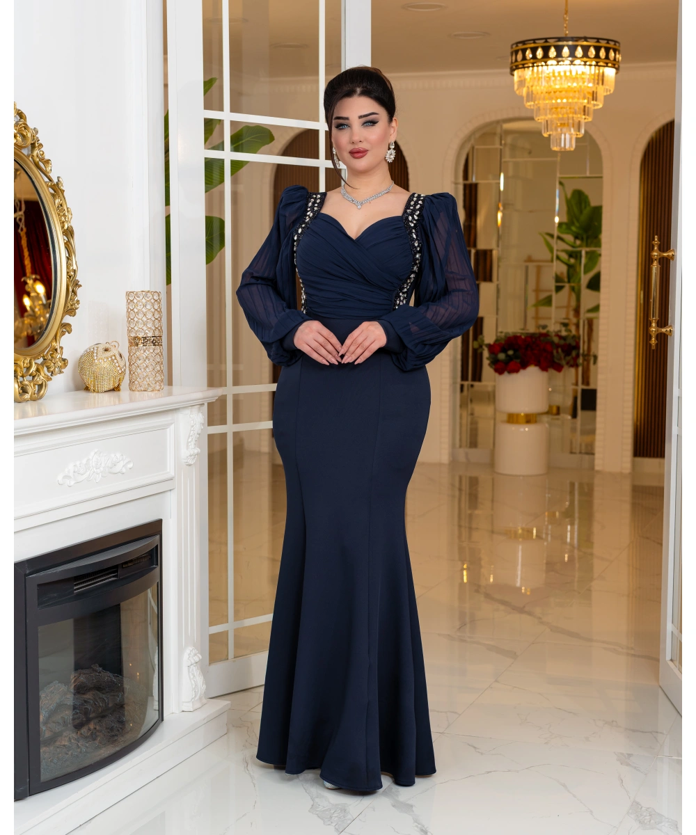 Taş Detaylı Şifon Kollu Balık Form Uzun Abiye Elbise