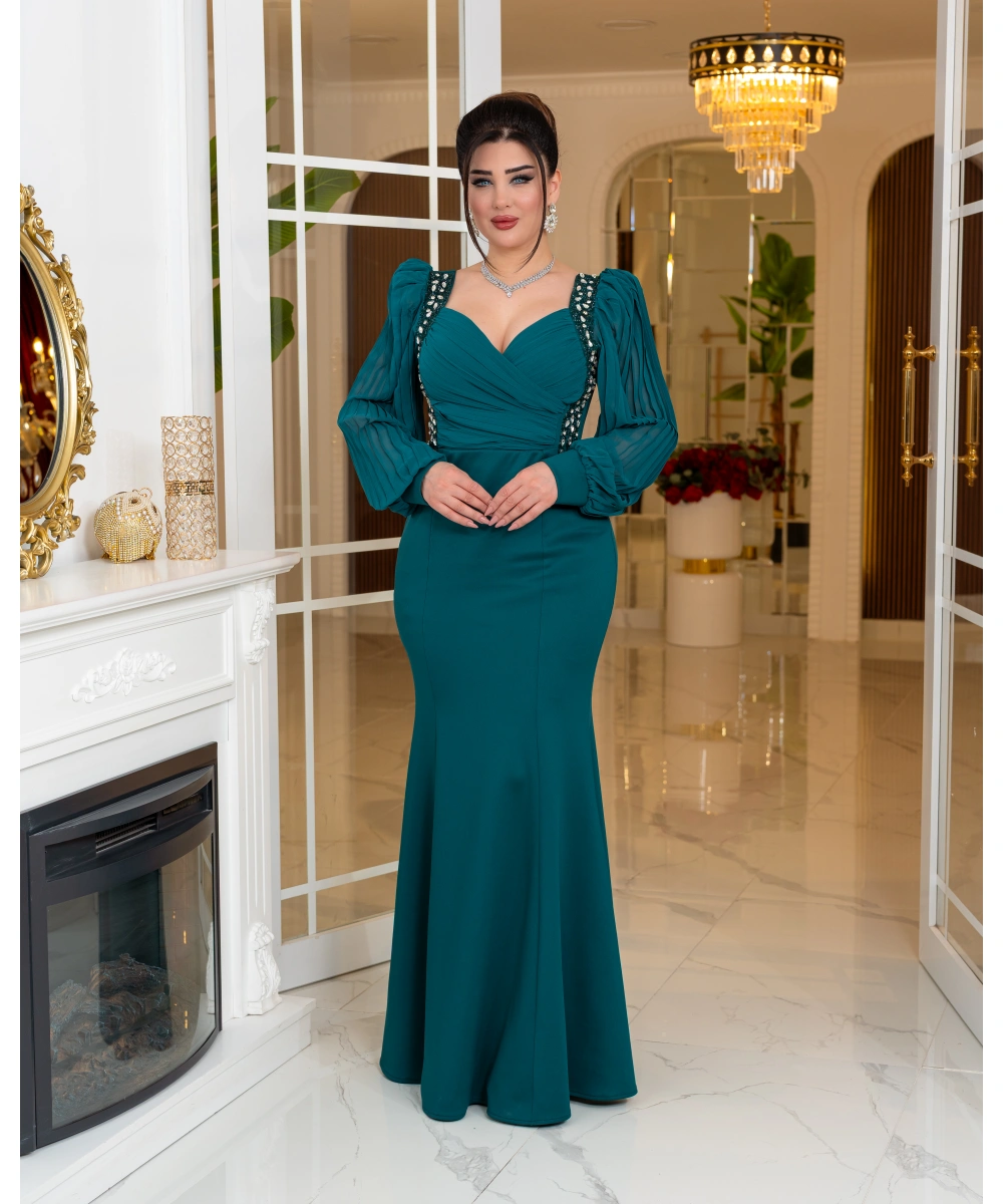 Taş Detaylı Şifon Kollu Balık Form Uzun Abiye Elbise