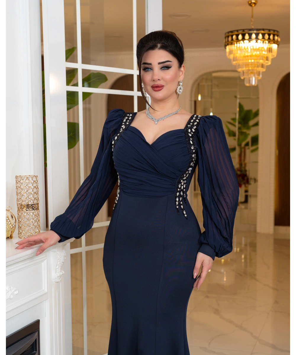 Taş Detaylı Şifon Kollu Balık Form Uzun Abiye Elbise