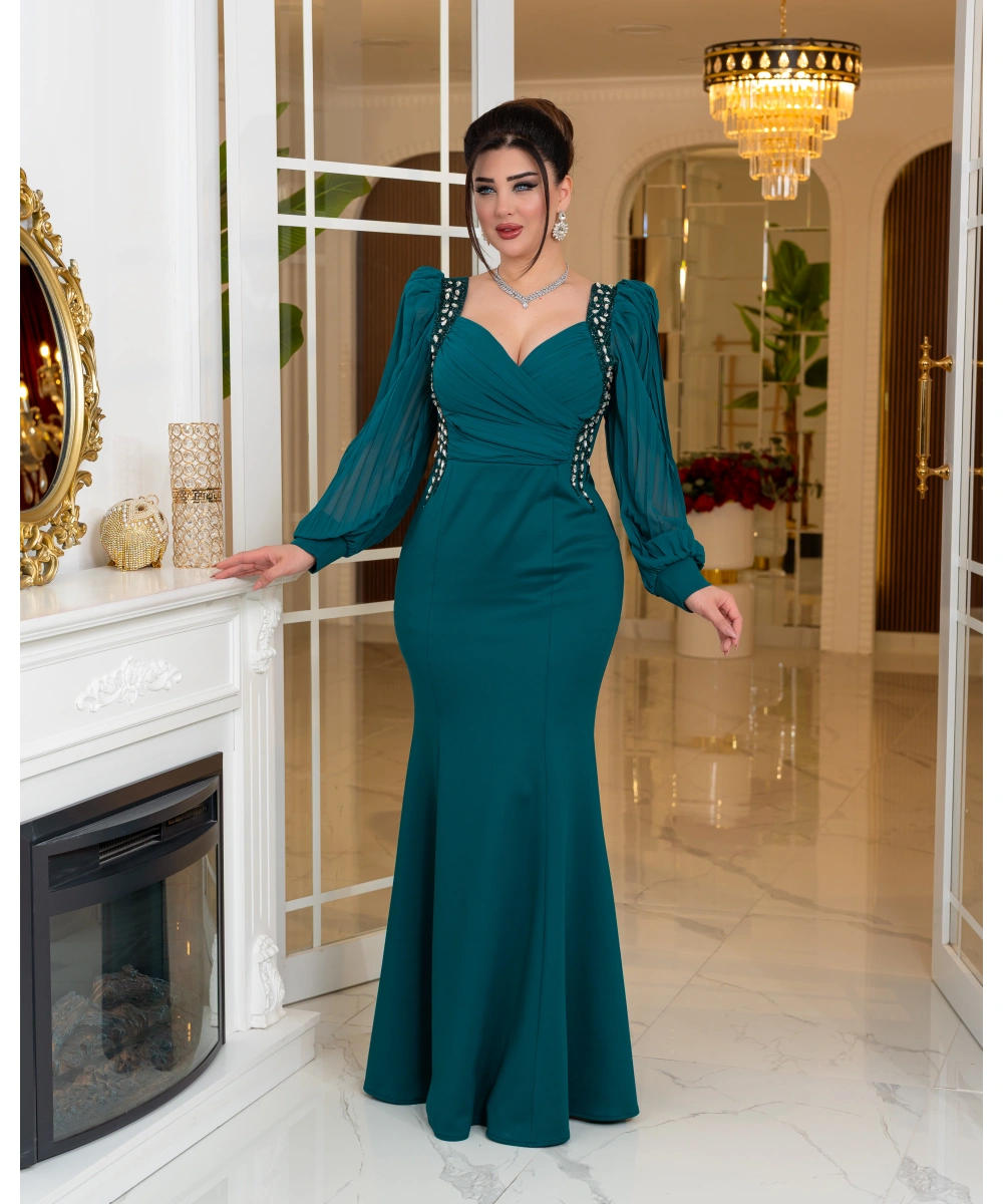 Taş Detaylı Şifon Kollu Balık Form Uzun Abiye Elbise