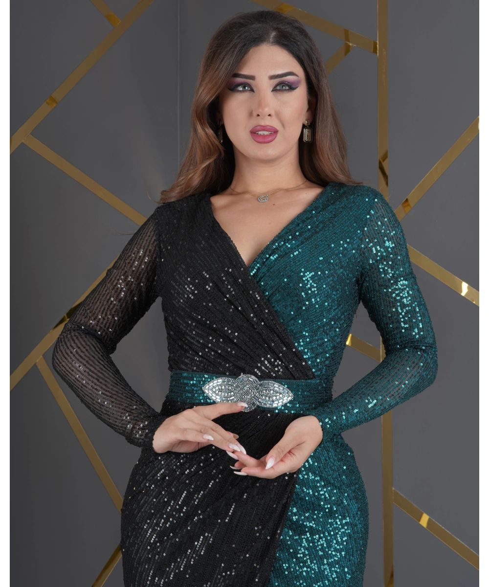 Zara Payet Tasarım İki Renk Garnili Beli Yapışma Taş Aksesuarlı Yırtmaçlı Abiye