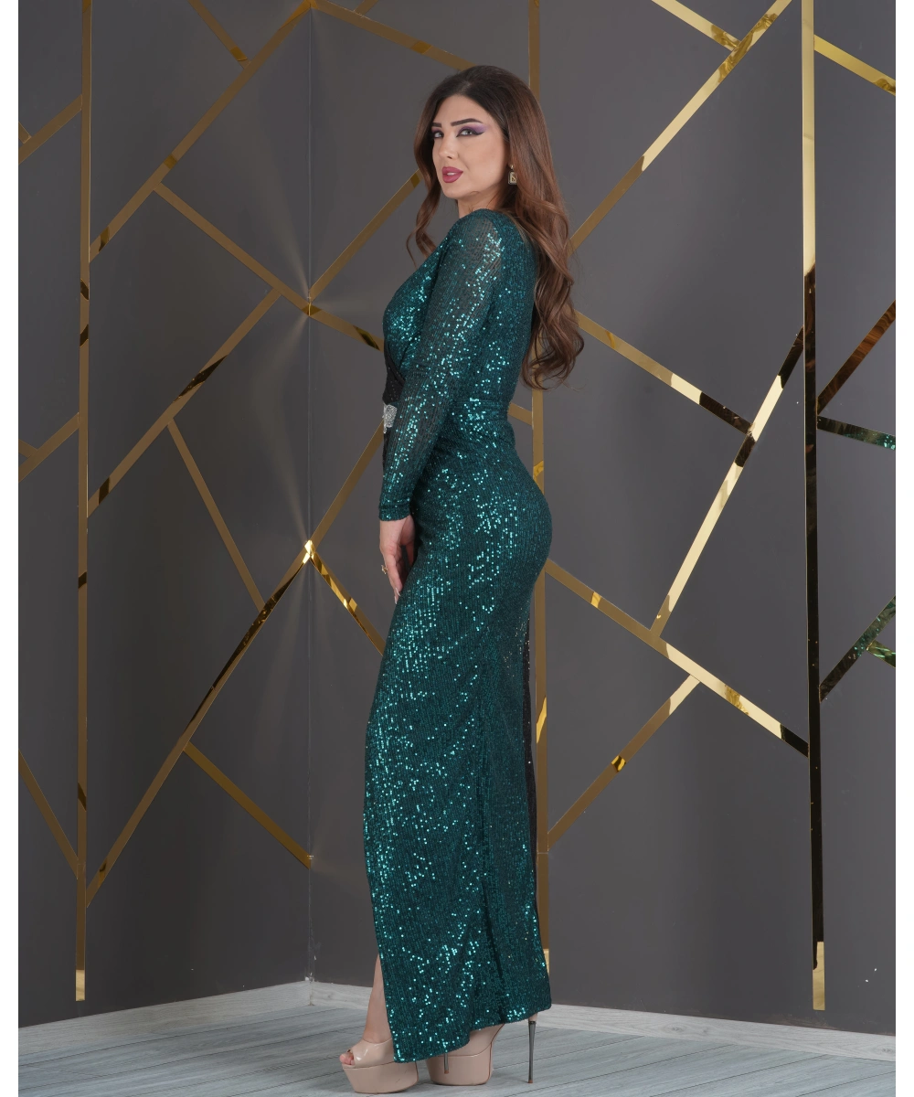 Zara Payet Tasarım İki Renk Garnili Beli Yapışma Taş Aksesuarlı Yırtmaçlı Abiye