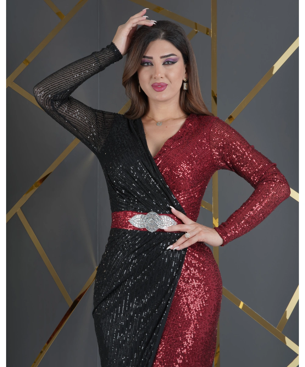 Zara Payet Tasarım İki Renk Garnili Beli Yapışma Taş Aksesuarlı Yırtmaçlı Abiye