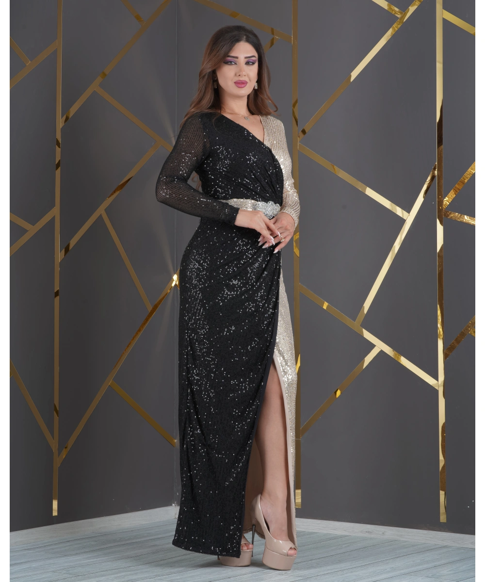 Zara Payet Tasarım İki Renk Garnili Beli Yapışma Taş Aksesuarlı Yırtmaçlı Abiye