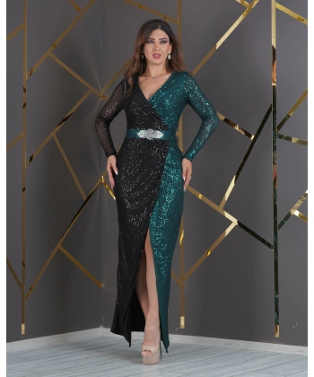 Zara Payet Tasarım İki Renk Garnili Beli Yapışma Taş Aksesuarlı Yırtmaçlı Abiye