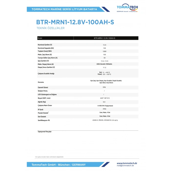 TommaTech ABS+PC Kasa 12.8V 100Ah LFP Marine Batarya