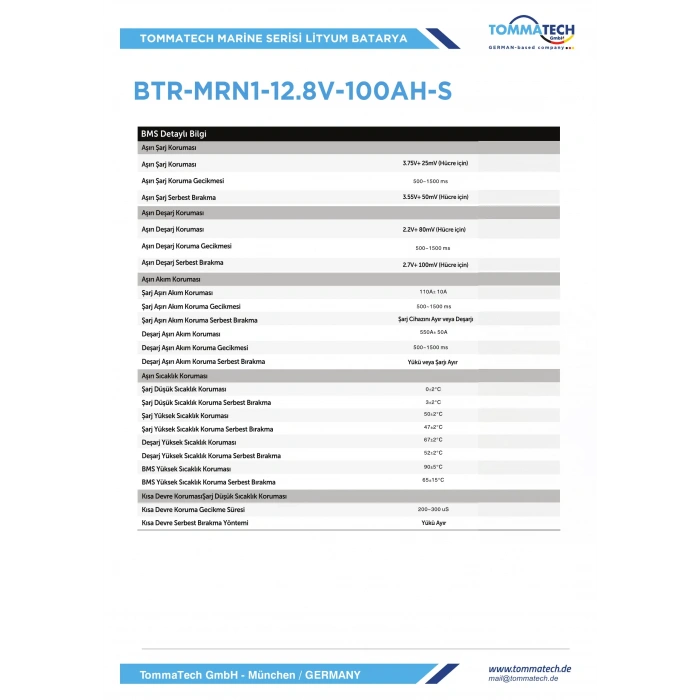 TommaTech ABS+PC Kasa 12.8V 100Ah LFP Marine Batarya