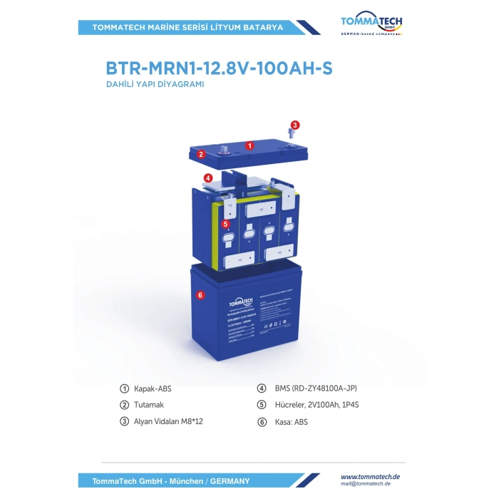 TommaTech ABS+PC Kasa 12.8V 100Ah LFP Marine Batarya