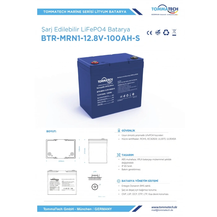 TommaTech ABS+PC Kasa 12.8V 100Ah LFP Marine Batarya