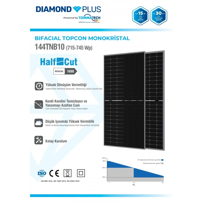 TommaTech 620Wp 144TNB M10 TopCon Diamond Plus Güneş Paneli 1 Palet (36 Adet)