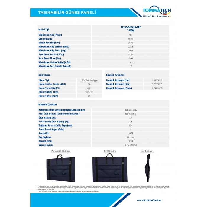 TommaTech 150W Taşınabilir Güneş Paneli