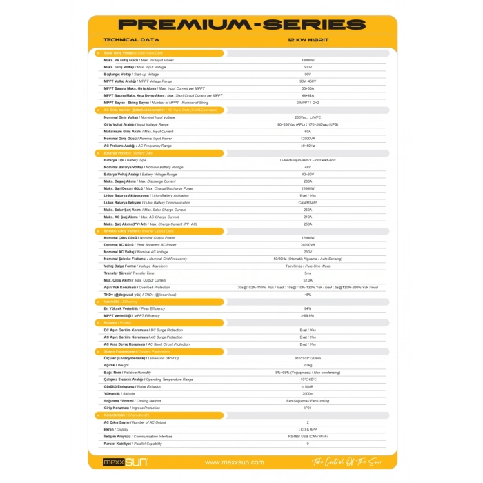 Mexxsun 12 kW 48V Premium MPPT Akıllı İnverter