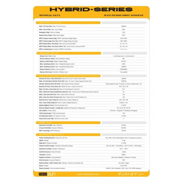 Mexxsun 12 kW Monofaze LV Hibrit İnverter
