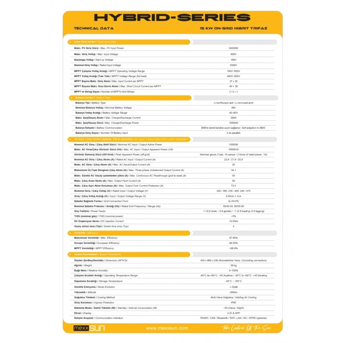 Mexxsun 15 kW Trifaze LV Hibrit İnverter