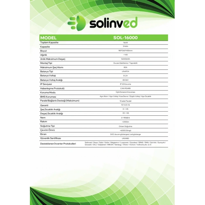 Solinved Hitit Serisi 51.2V 314Ah 16kWh Lityum Akü