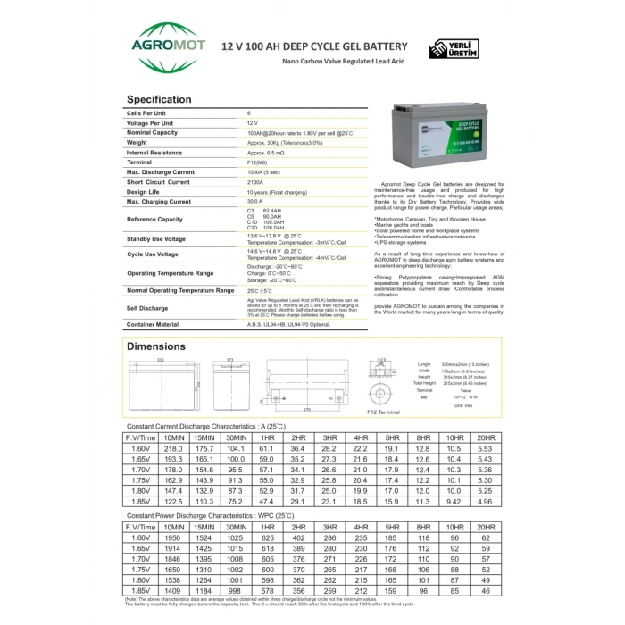 Agromot 12v 100Ah Jel Akü