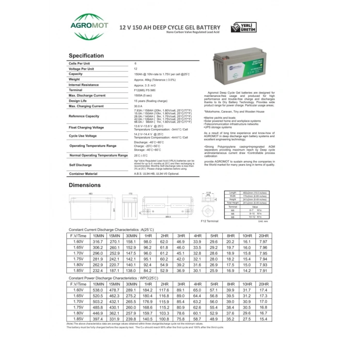 Agromot 12v 150Ah Jel Akü