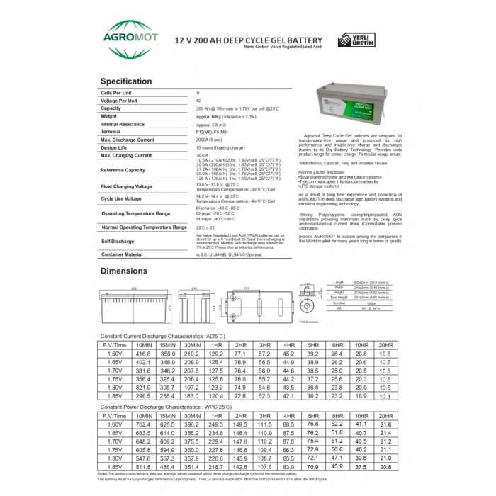 Agromot 12v 200Ah Jel Akü