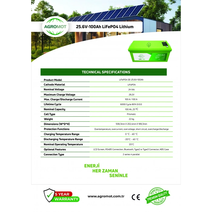 Agromot 25.6V 100AH Lityum Akü
