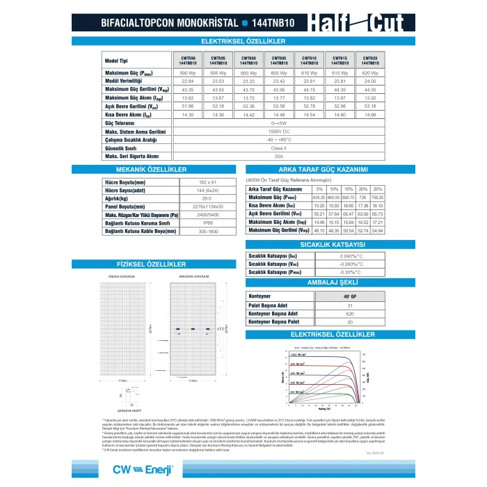 CW Enerji 595Wp Topcon Bifacial Güneş Paneli 1 Palet (31 Adet)