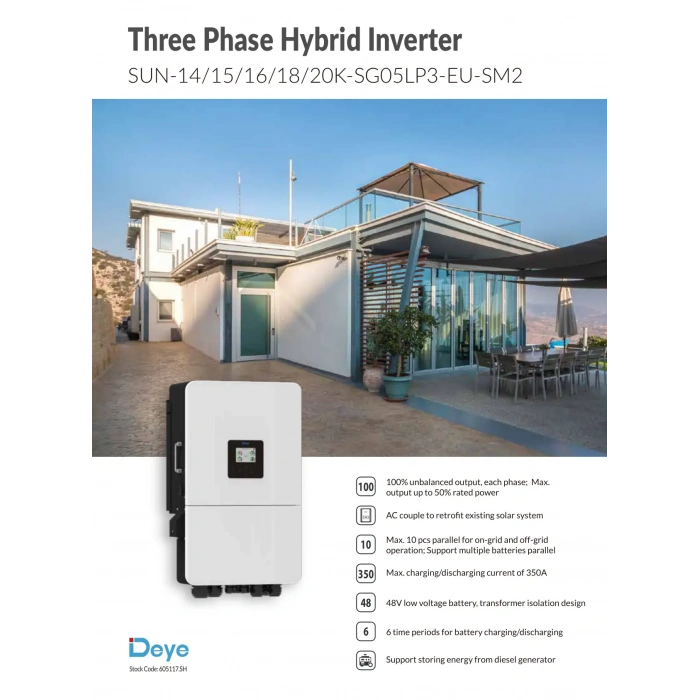 Deye 20 kW Trifaze LV Hibrit İnverter (Dahili Wifi ve Limiter)