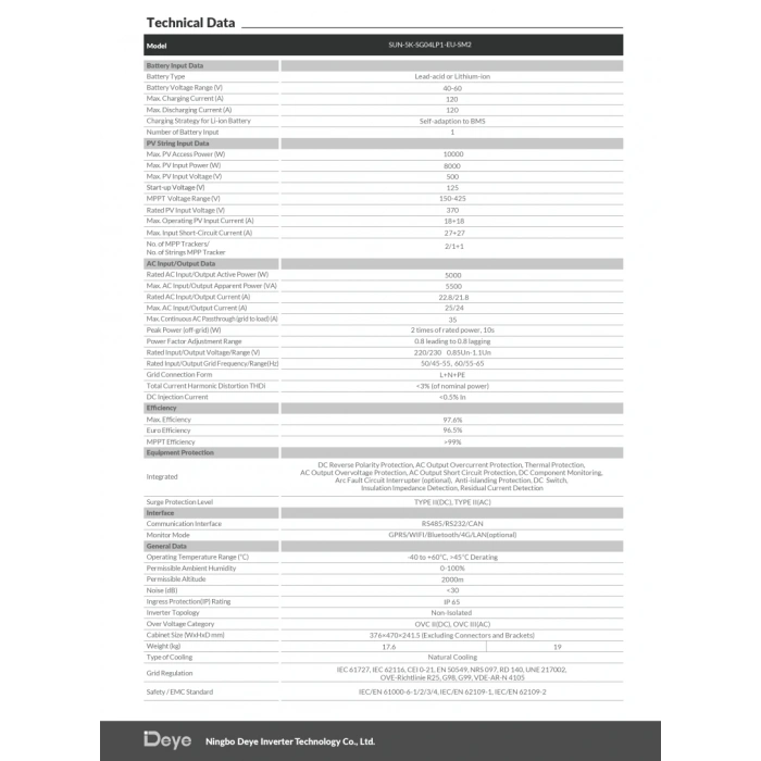 Deye* 5 KW Hibrit Monofaze LV Hibrit İnverter