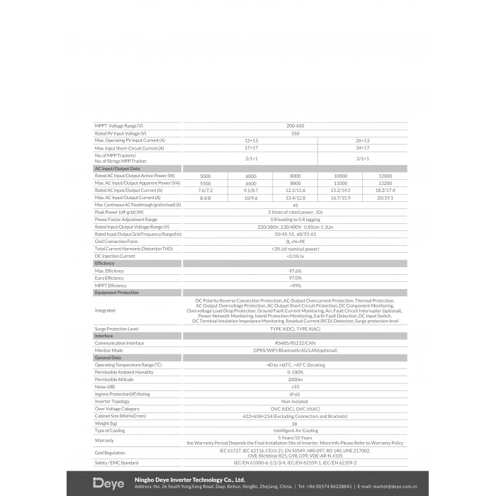 Deye 8 kW Trifaze LV Hibrit İnverter