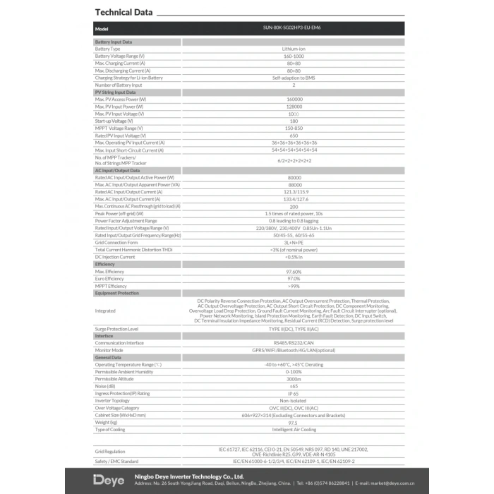 Deye* 80 KW Trifaze HV Hibrit İnverter