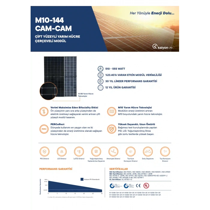 Kalyon PV 550W M10 144HC Bifacial G2G Güneş Paneli