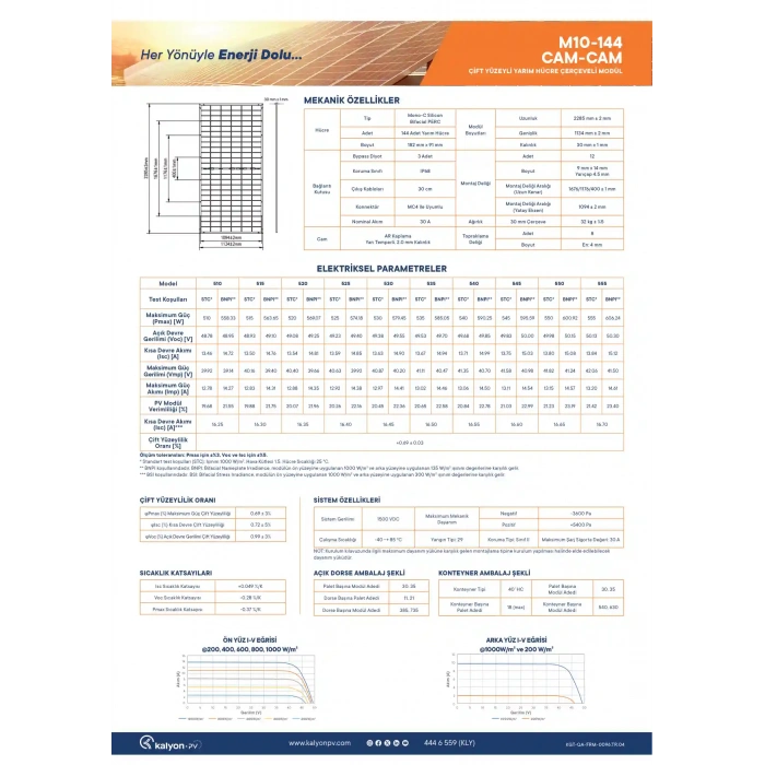 Kalyon PV 550W M10 144HC Bifacial G2G Güneş Paneli