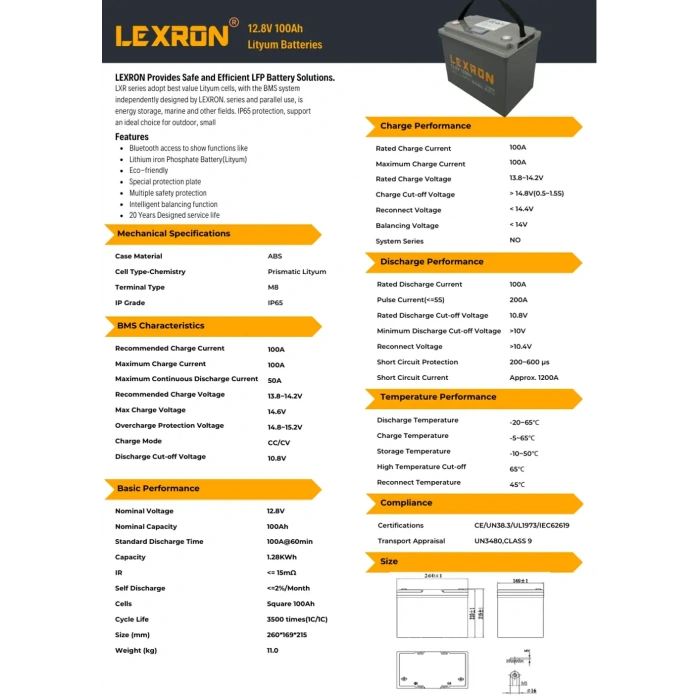 Lexron 12.8V 100Ah Lityum Batarya