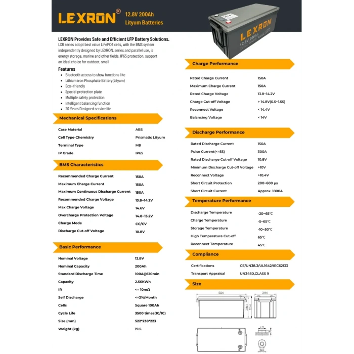 Lexron 12.8V 200Ah Lityum Batarya