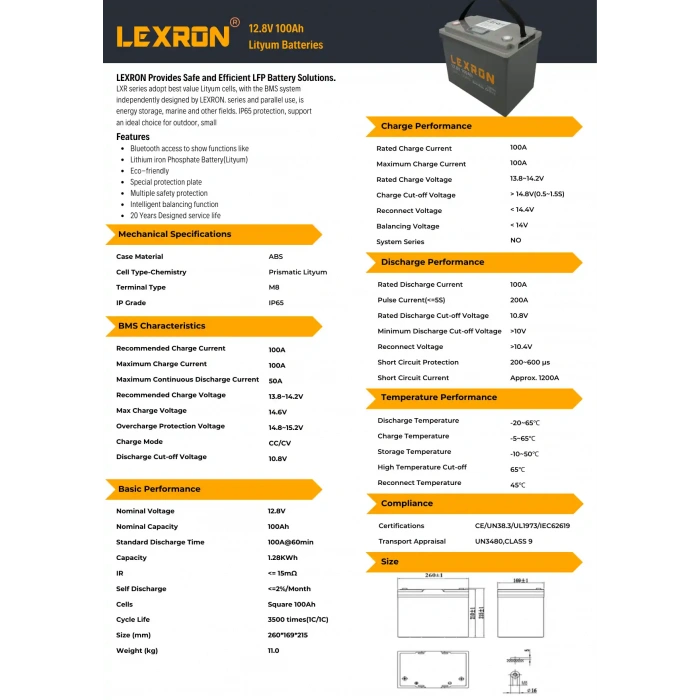 Lexron 12.8V 100Ah Lityum Batarya