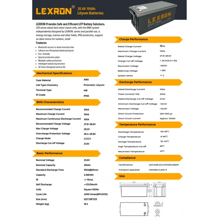 Lexron 25.6V 100Ah Lityum Batarya