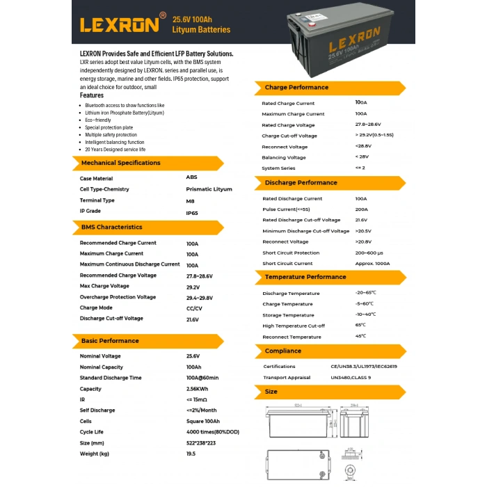 Lexron 25.6V 100AH Lityum Batarya