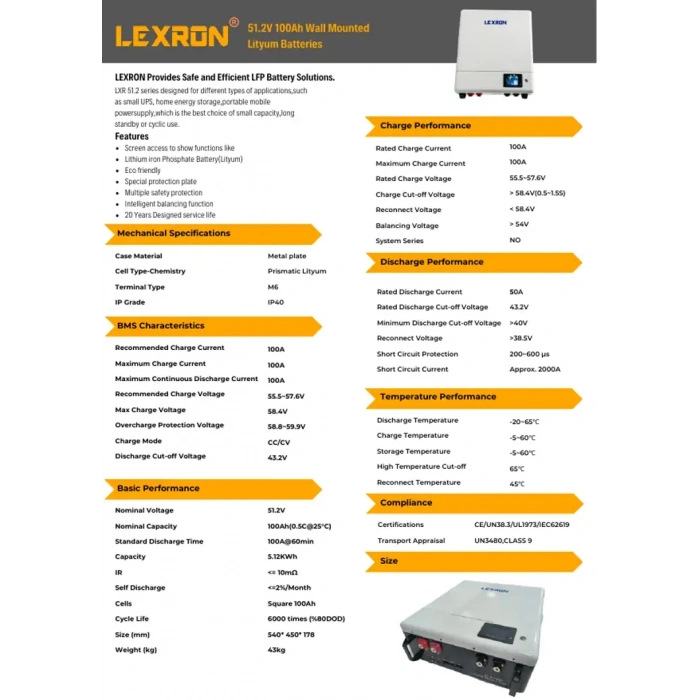 Lexron 51.2V 100Ah Premium Serisi Duvar Tipi Lityum Batarya