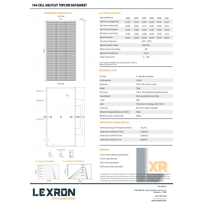 Lexron 610W Half-Cut TOPCON 16BB Güneş Paneli 1 Palet 33 Adet