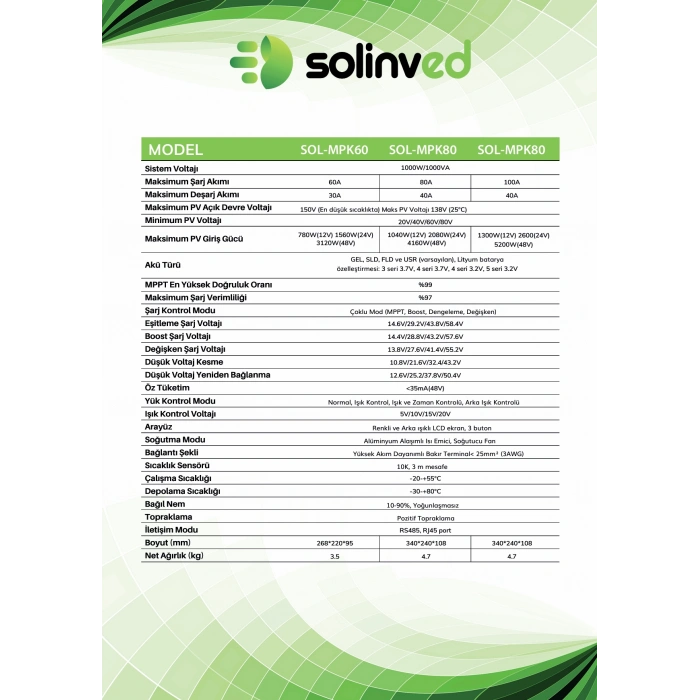 Solinved 100A Mppt Şarj Kontrol Cihazı 12V 24V 48V