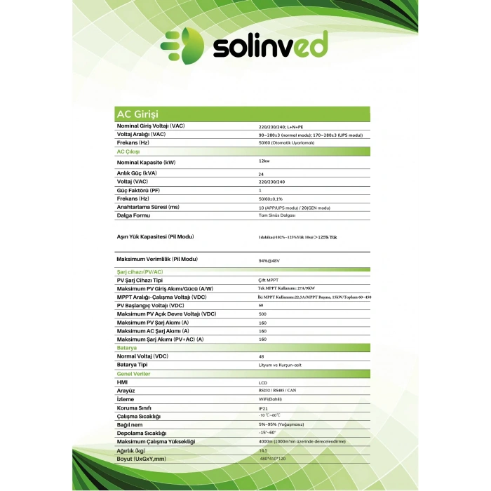 Solinved 12 kW Gordion Serisi MPPT Off-Grid Inverter
