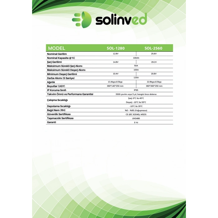 Solinved 25.6V 100Ah LiFePO4 Lityum Akü