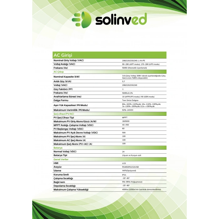 Solinved 3.6 kW Gordion Serisi MPPT Off-Grid Inverter