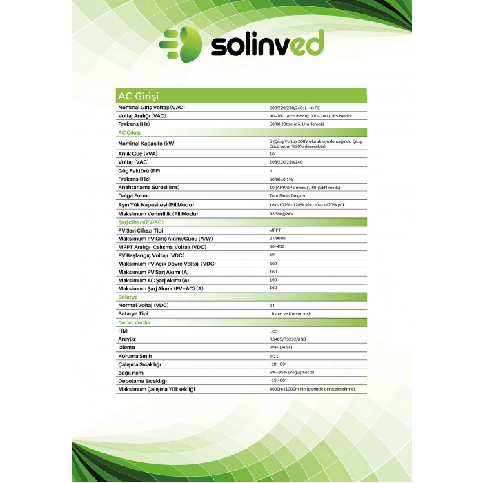 Solinved 5.0 kW Gordion Serisi MPPT Off-Grid Invertör 24V
