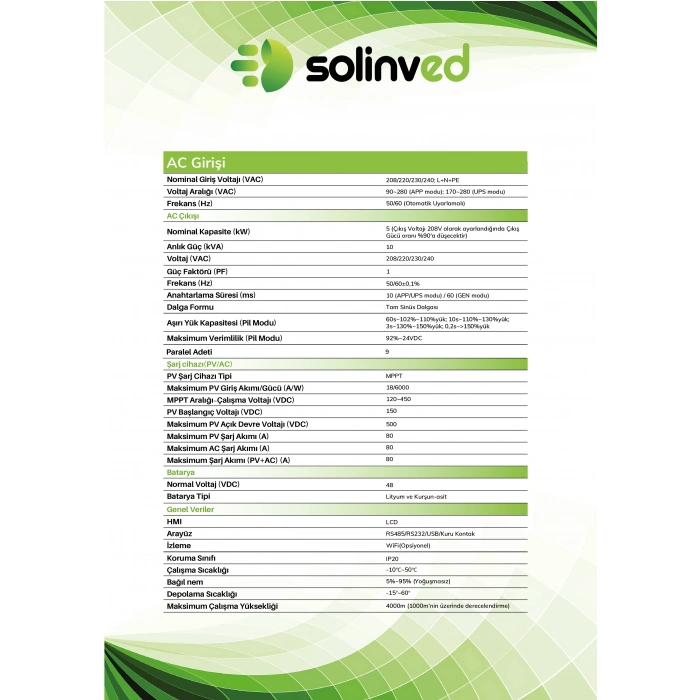 Solinved 5.0 kW Gordion Serisi MPPT Off-Grid Invertör 48V (Paralellenebilir)