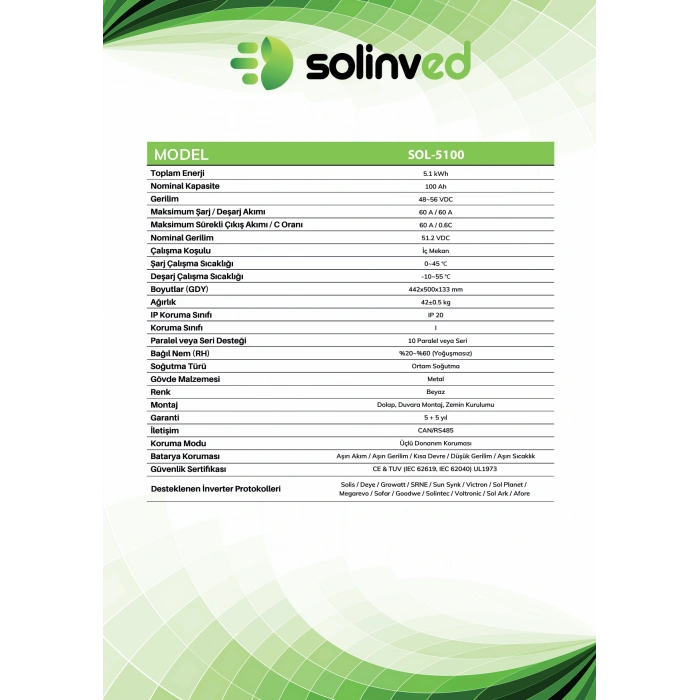 Solinved 51,2V 100Ah Rack Lityum Akü ( Serilenebilir)