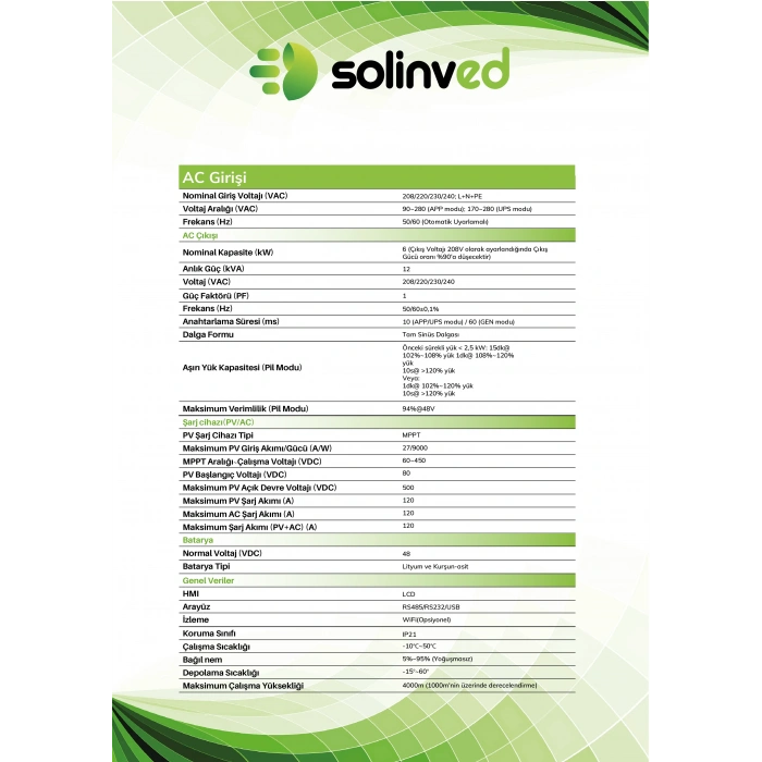 Solinved 6.0 kW Gordion Serisi MPPT Off-Grid Invertör