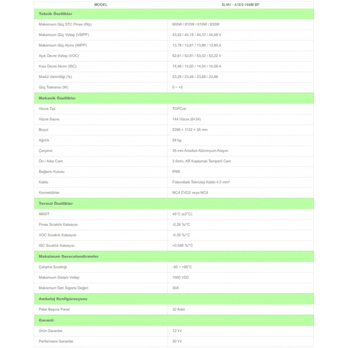 Solinved 610W Topcon Bifacial Half-Cut Güneş Paneli 1 Palet (32 Adet)