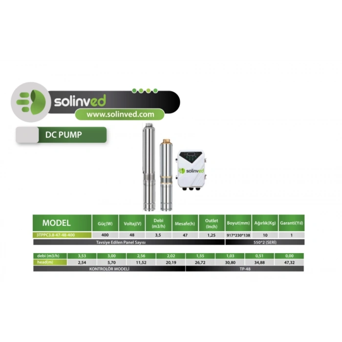 Solinved DC Pompa 3 İnç 48 Volt 400 Watt 3,8 Ton HMAX: 47 mt Outlet: 1,25