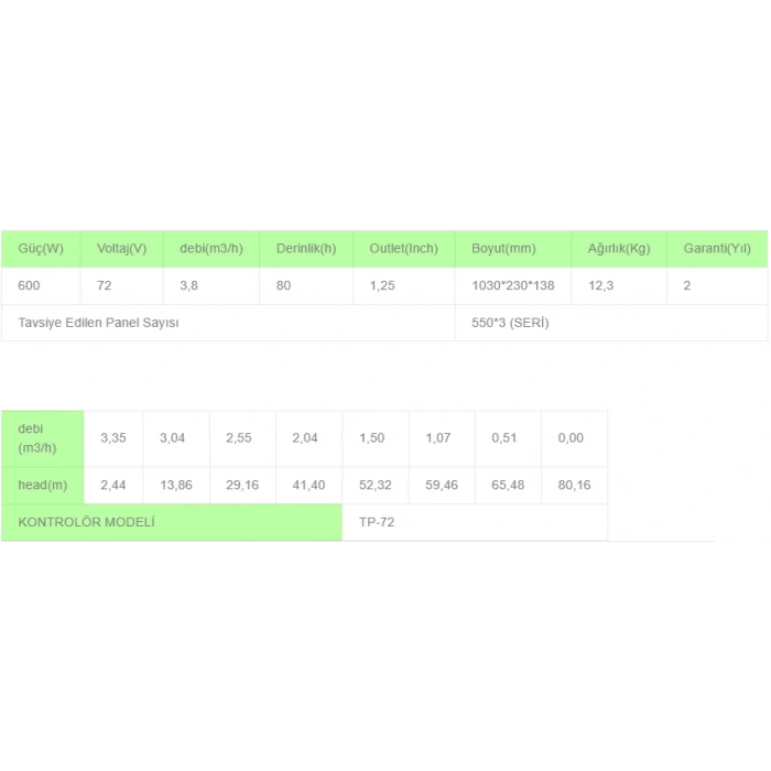 Solinved DC Pompa 3 İnç 72 Volt 600 Watt 3,8 Ton HMAX: 80 mt Outlet: 1,25