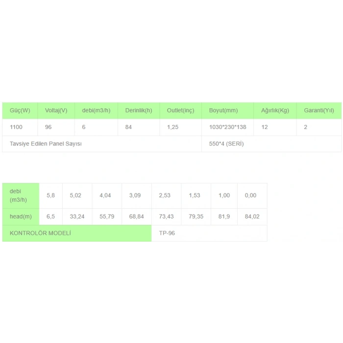 Solinved DC Pompa 3 İnç 96 Volt 1100 Watt 6 Ton HMAX: 84 mt Outlet: 1,25